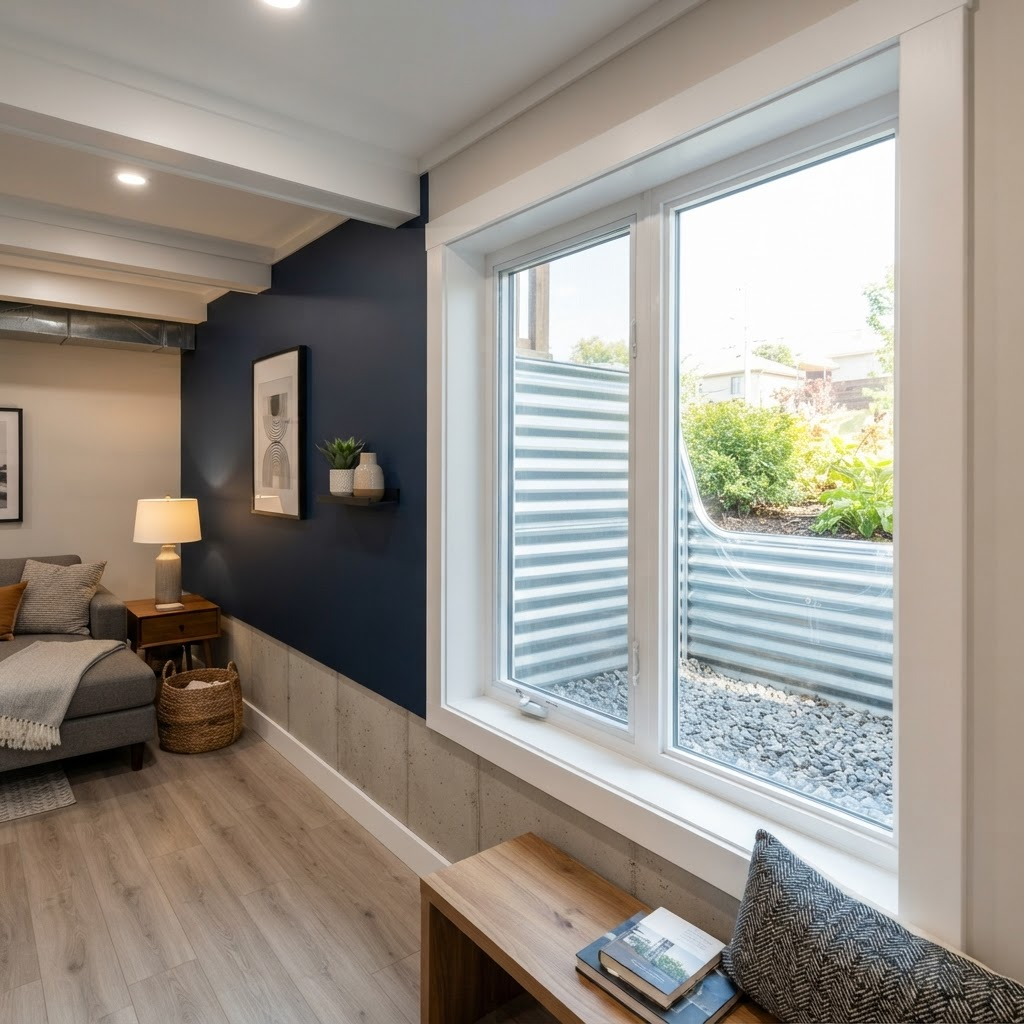 Finished basement egress window with natural daylight and a steel window well